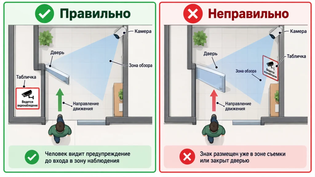 Схема размещения предупреждения о видеонаблюдении перед зоной съемки