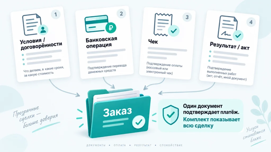 Договор, банковский перевод, чек и акт как подтверждения оплаты услуги.