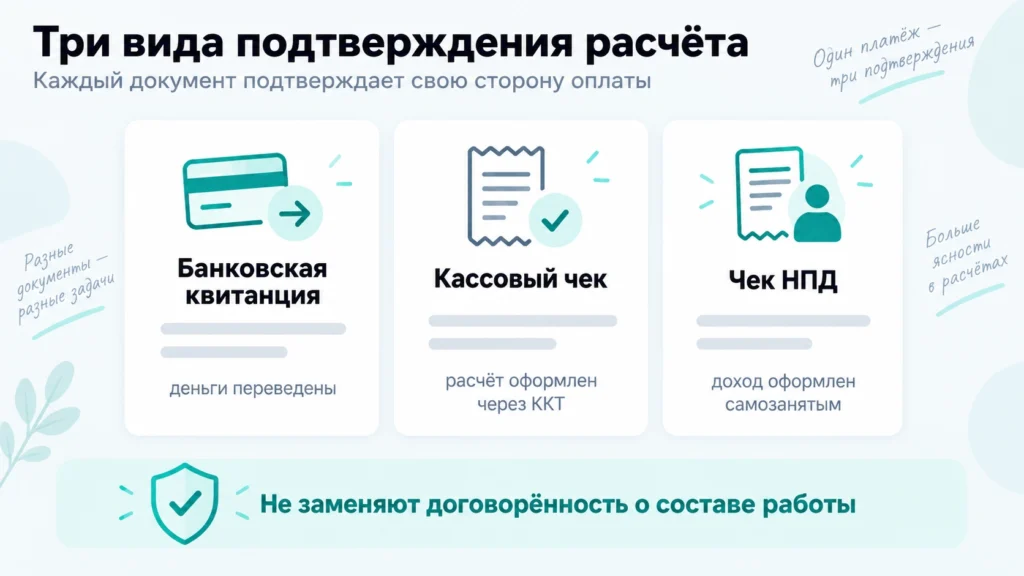 Разница между банковской квитанцией, кассовым чеком и чеком самозанятого.