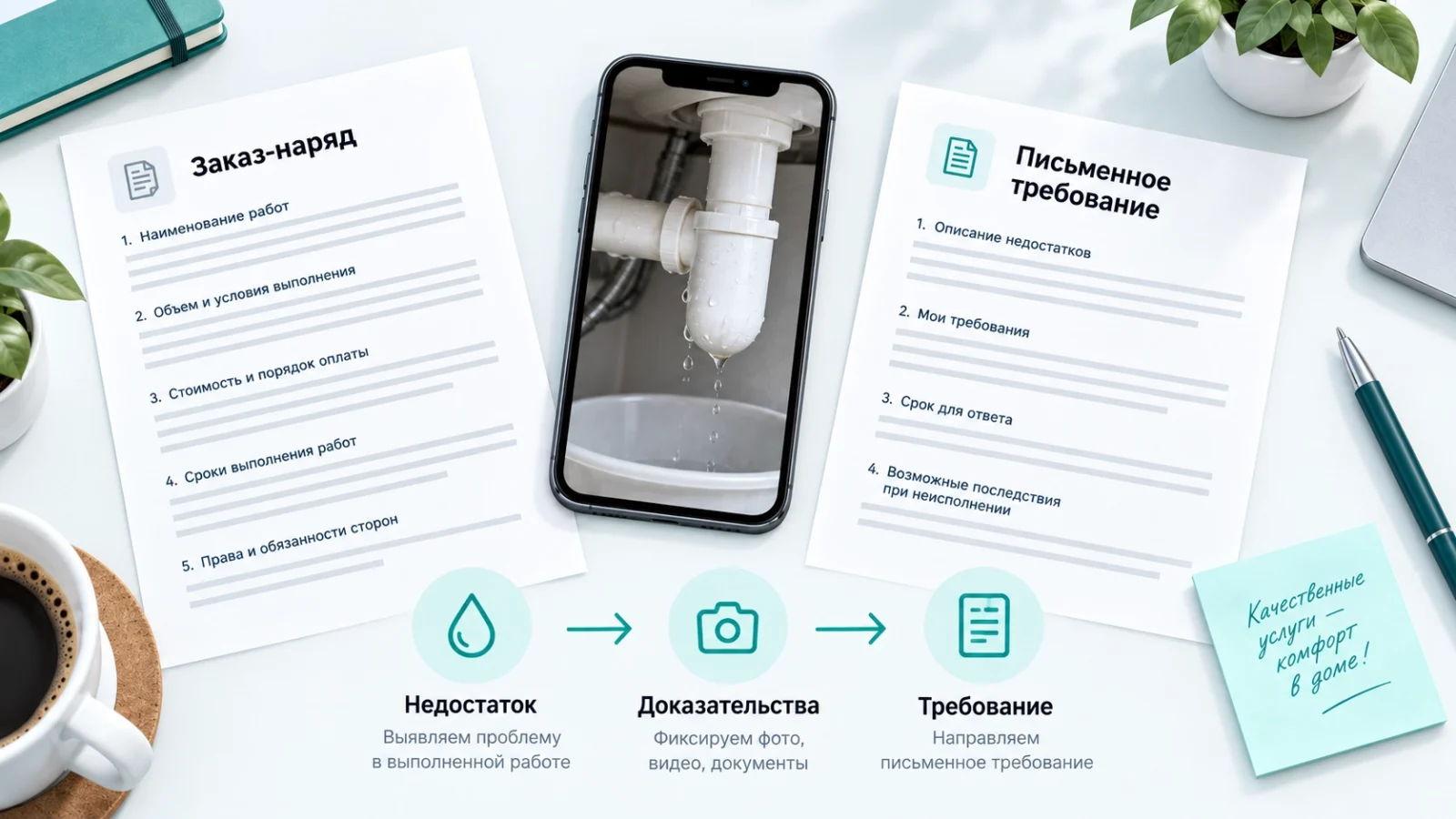 Договор, фотография недостатка услуги и письменное требование исполнителю.