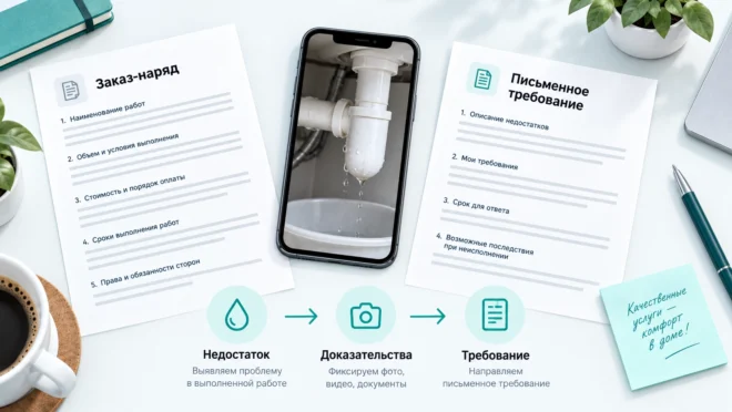 Договор, фотография недостатка услуги и письменное требование исполнителю.