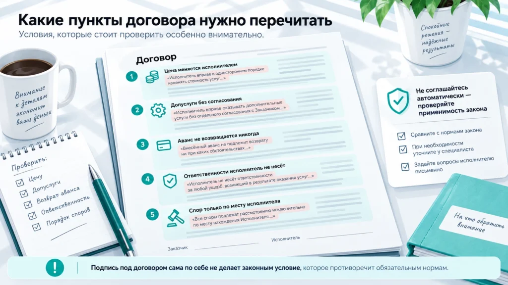 Условия договора на услуги, которые заказчику стоит проверить особенно внимательно