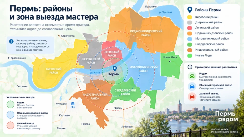Районы Перми и пример зоны выезда мастера