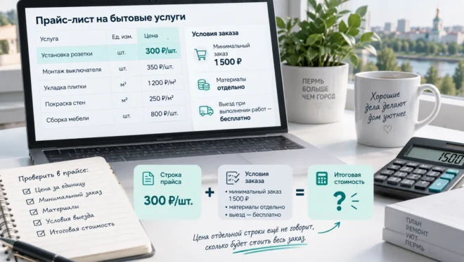 Прайс на услуги с минимальным заказом, материалами и дополнительными условиями