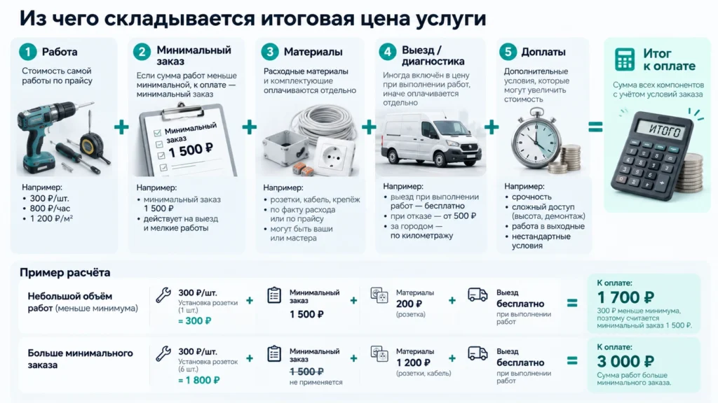 Схема итоговой цены услуги из работы, материалов, выезда и доплат