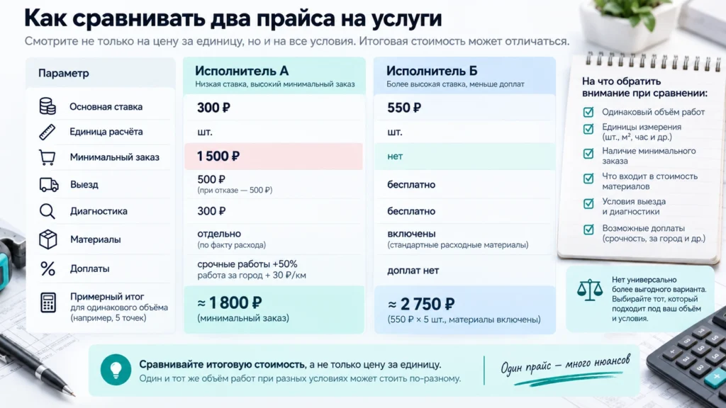 Сравнение двух прайсов по ставке, минимальному заказу, материалам и доплатам