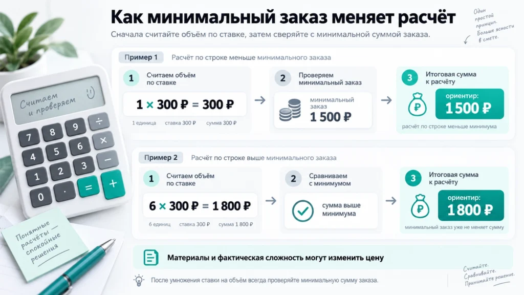 Расчёт услуги с учётом минимальной стоимости заказа