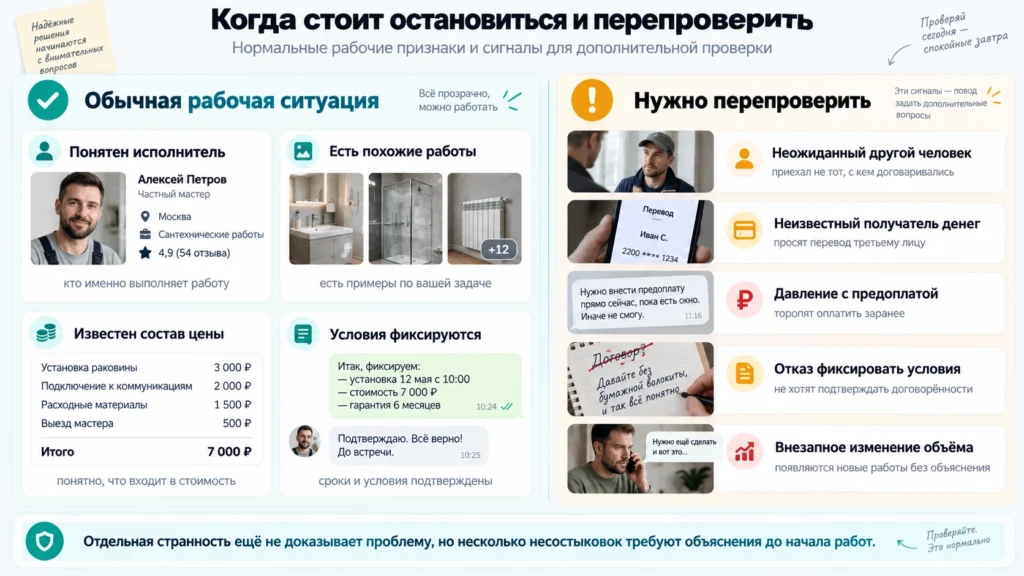 Признаки нормальной договорённости и ситуации для дополнительной проверки мастера
