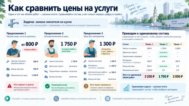 Сравнение трёх предложений мастеров с разным составом стоимости