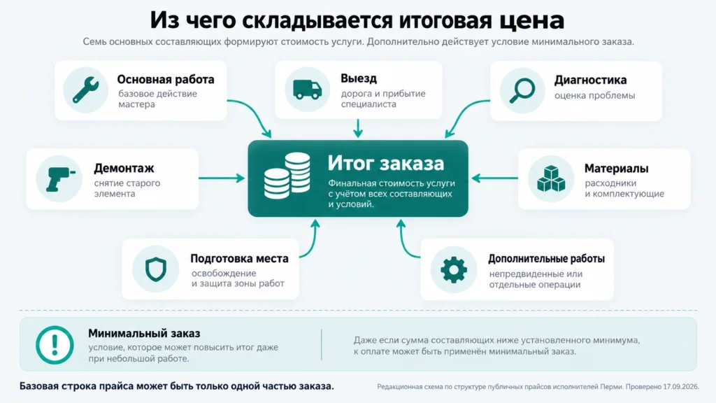 Состав итоговой стоимости услуги из работы, выезда и дополнительных расходов
