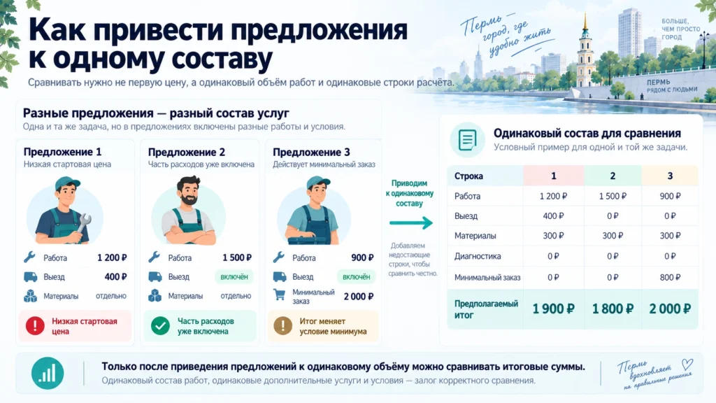 Приведение трёх прайсов мастеров к одинаковому составу работ