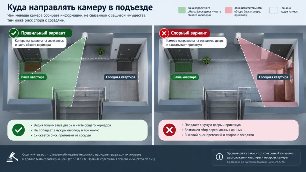 Правильный и спорный угол обзора камеры в подъезде