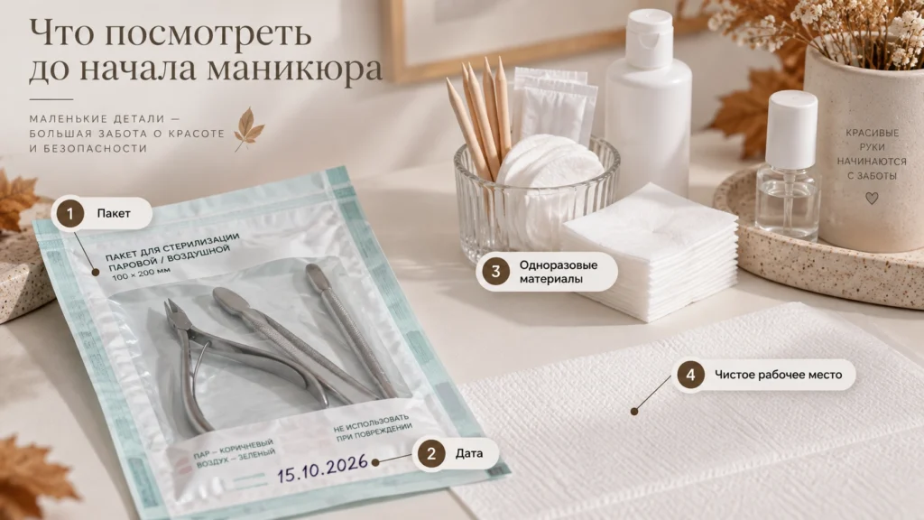 Стерилизационный пакет и одноразовые материалы на рабочем месте мастера маникюра
