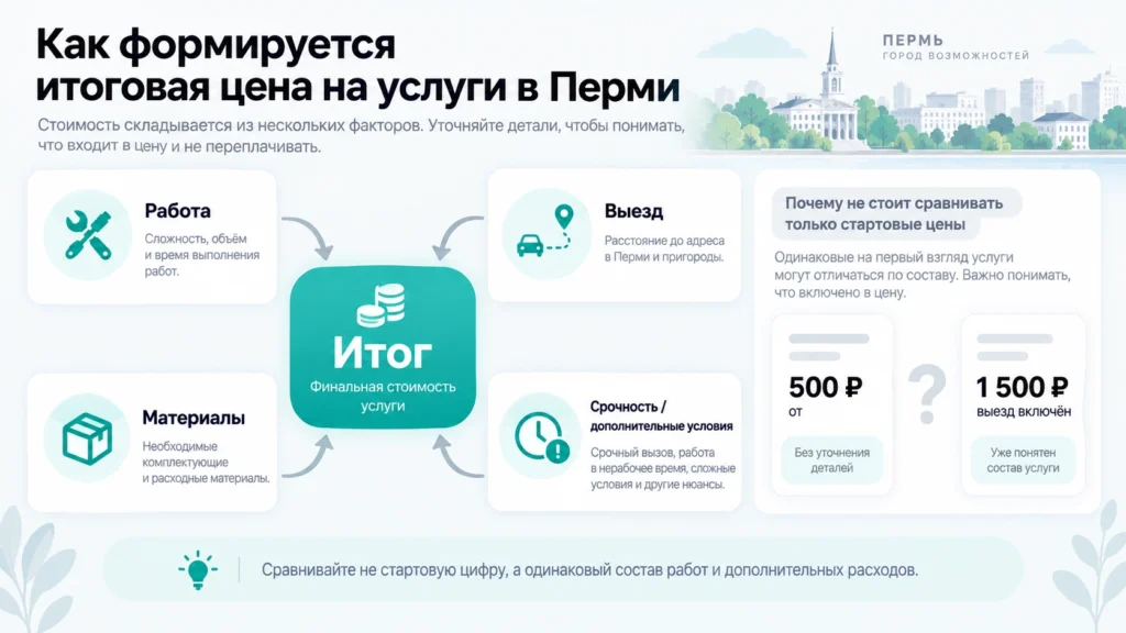 Работа, выезд и материалы в итоговой стоимости услуги.