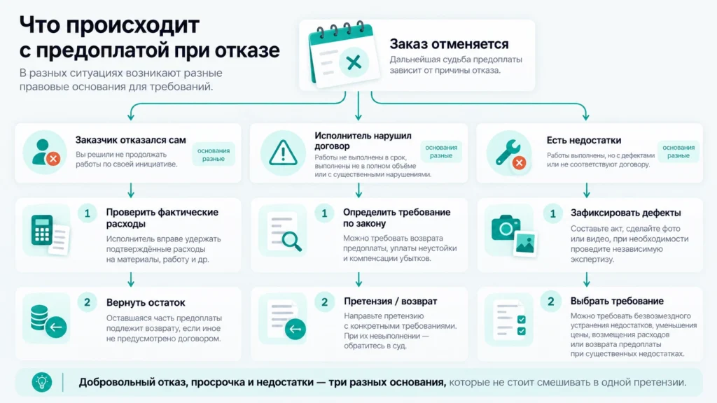 Схема возврата предоплаты при отказе и нарушении договора