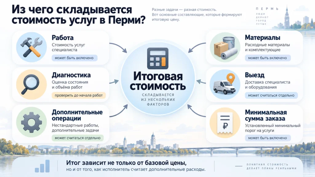 Работа, материалы, выезд и другие части стоимости услуги