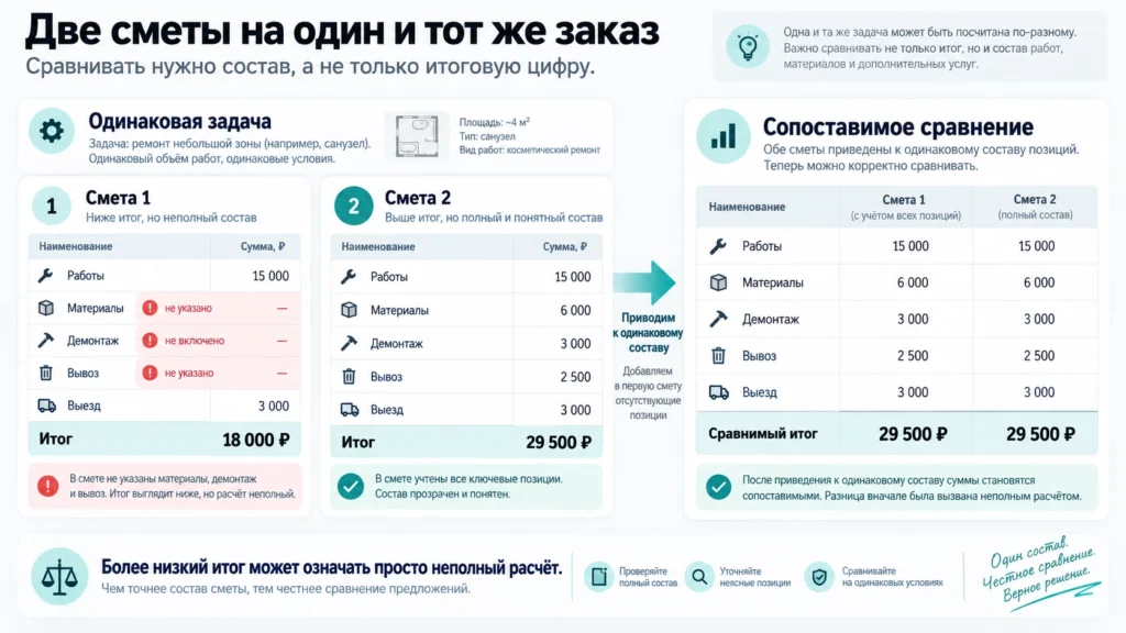 Сравнение двух смет с разным составом работ