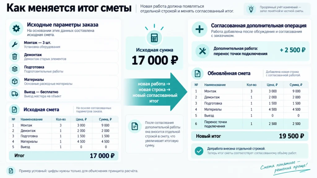 Пример изменения сметы после согласования дополнительной работы