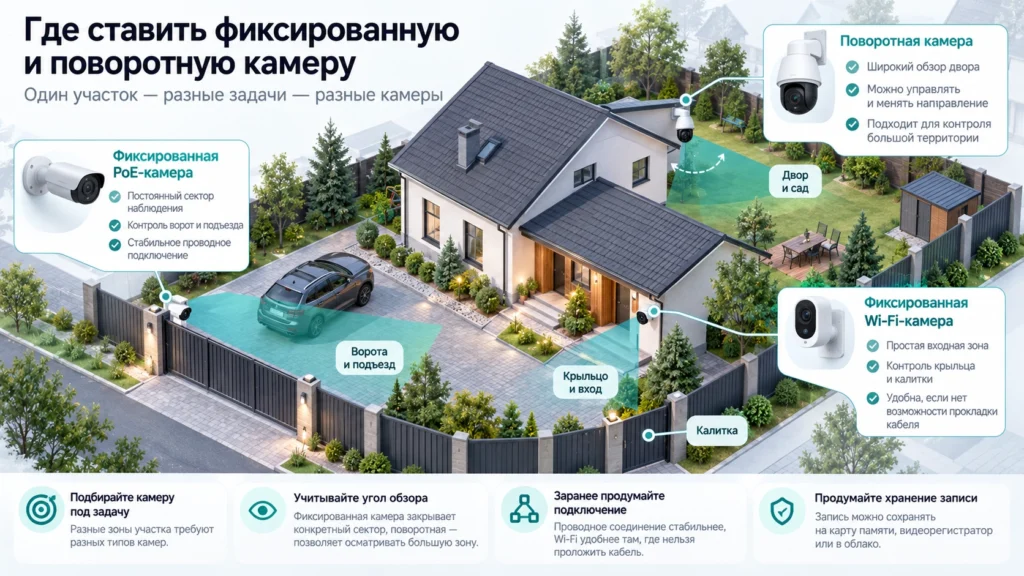 Схема размещения разных уличных камер вокруг частного дома