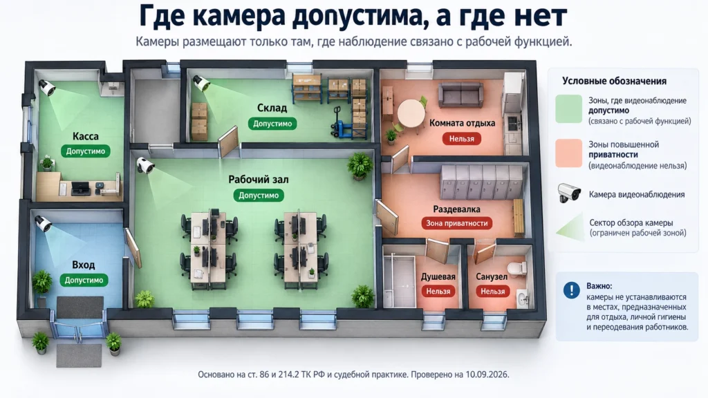 Допустимые и спорные зоны видеонаблюдения на рабочем месте