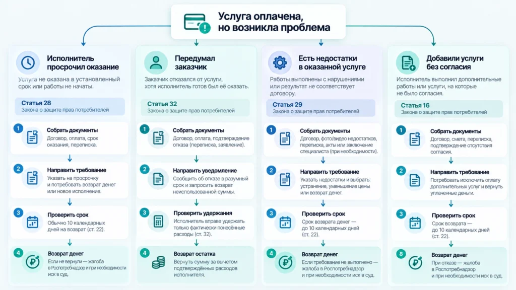 Порядок возврата денег в зависимости от причины отказа от услуги